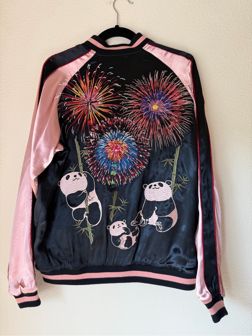 Japanesque Embroidered Reversible Sakajan Souvenir Panda Fireworks Satin Jacket